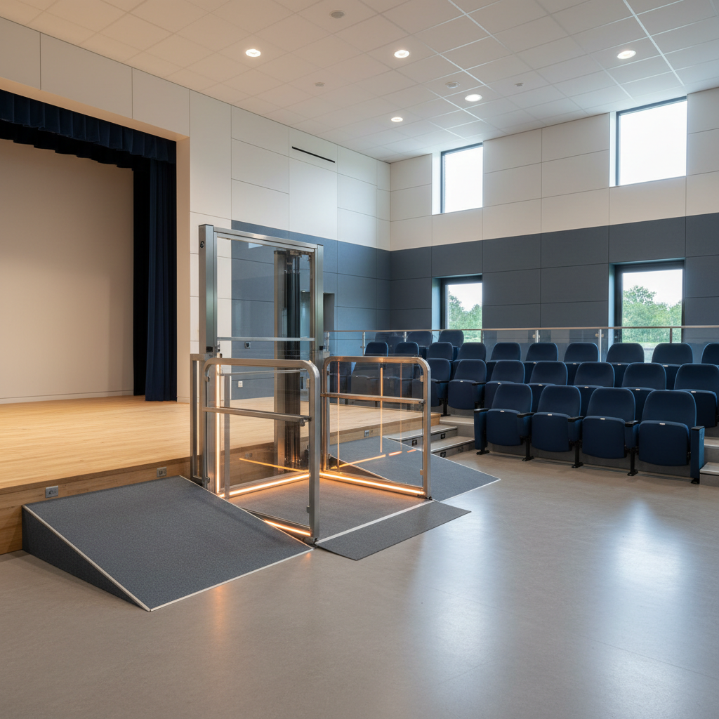 An accessible vertical platform lift serving a raised stage and seating platform in a modern auditorium