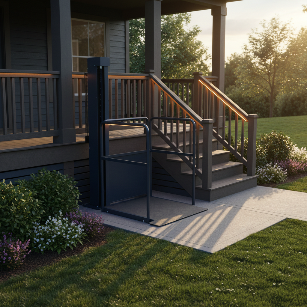 A vertical platform lift installed beside the raised front porch of a home, on a concrete pad next to the porch steps