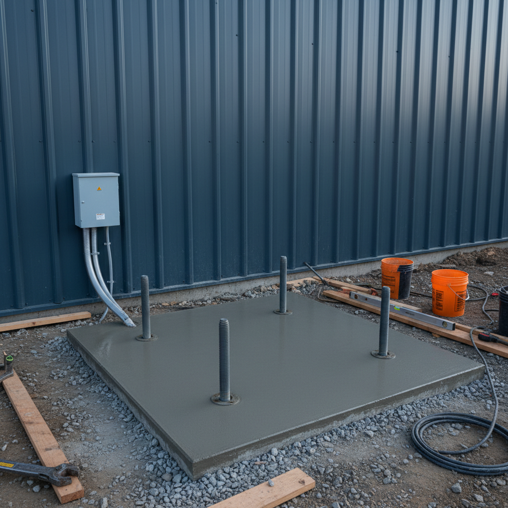 A freshly poured level concrete pad with anchor bolts and an electrical conduit stub prepared for lift installation