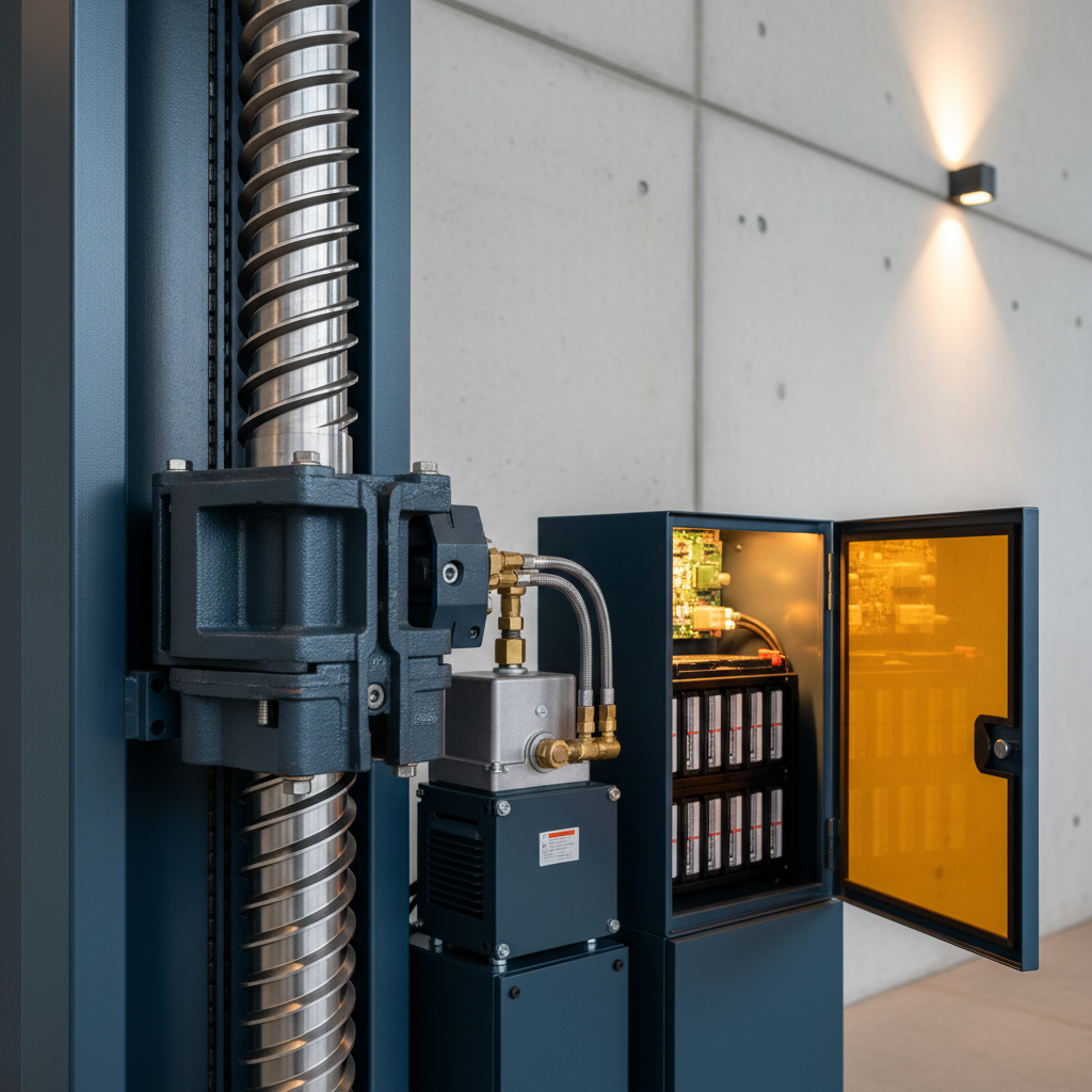 Detail of platform lift drive machinery, showing a screw drive column, hydraulic power unit and battery backup cabinet