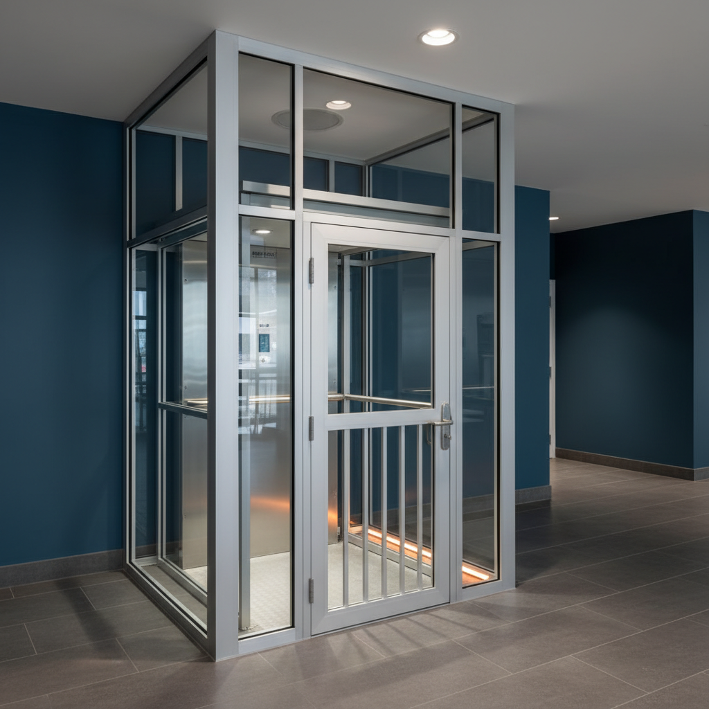 A fully enclosed vertical platform lift hoistway with glazed panels and a landing door in a building lobby