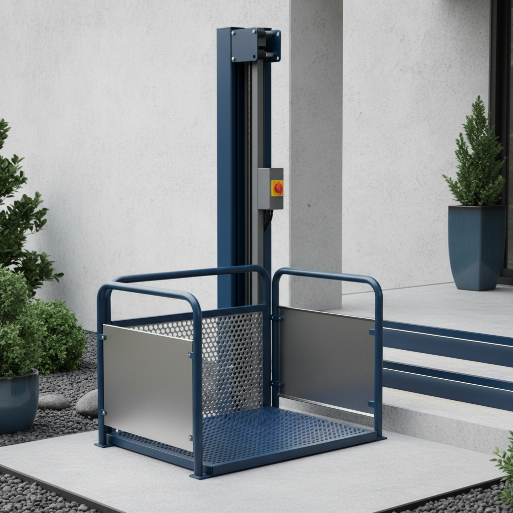 An unenclosed vertical platform lift with an open platform and low guard panels beside a raised concrete landing